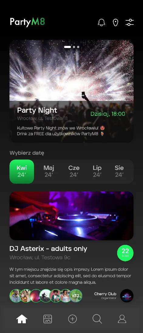 Ekran główny PartyM8 z listą imprez w okolicy
