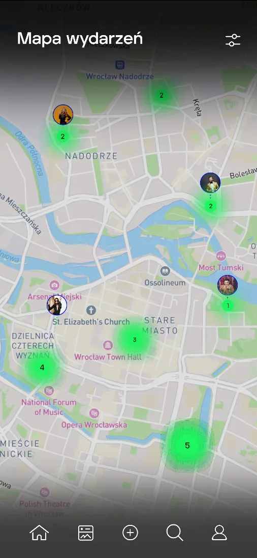 Mapa wydarzeń z zaznaczonymi imprezami